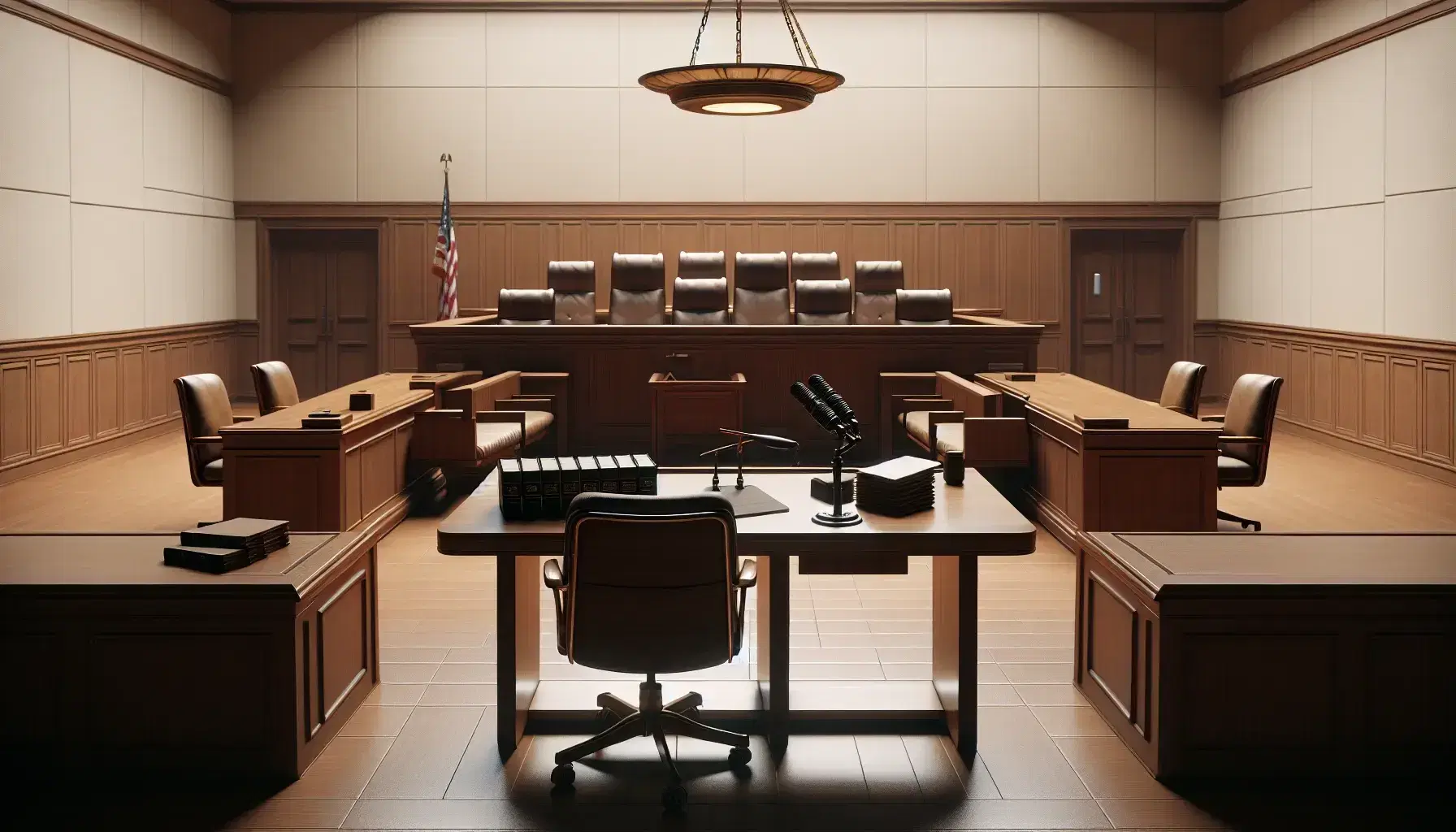 Courtroom interior with judge's bench, witness stand, attorney tables with papers and law books, and public seating area under soft chandelier lighting.