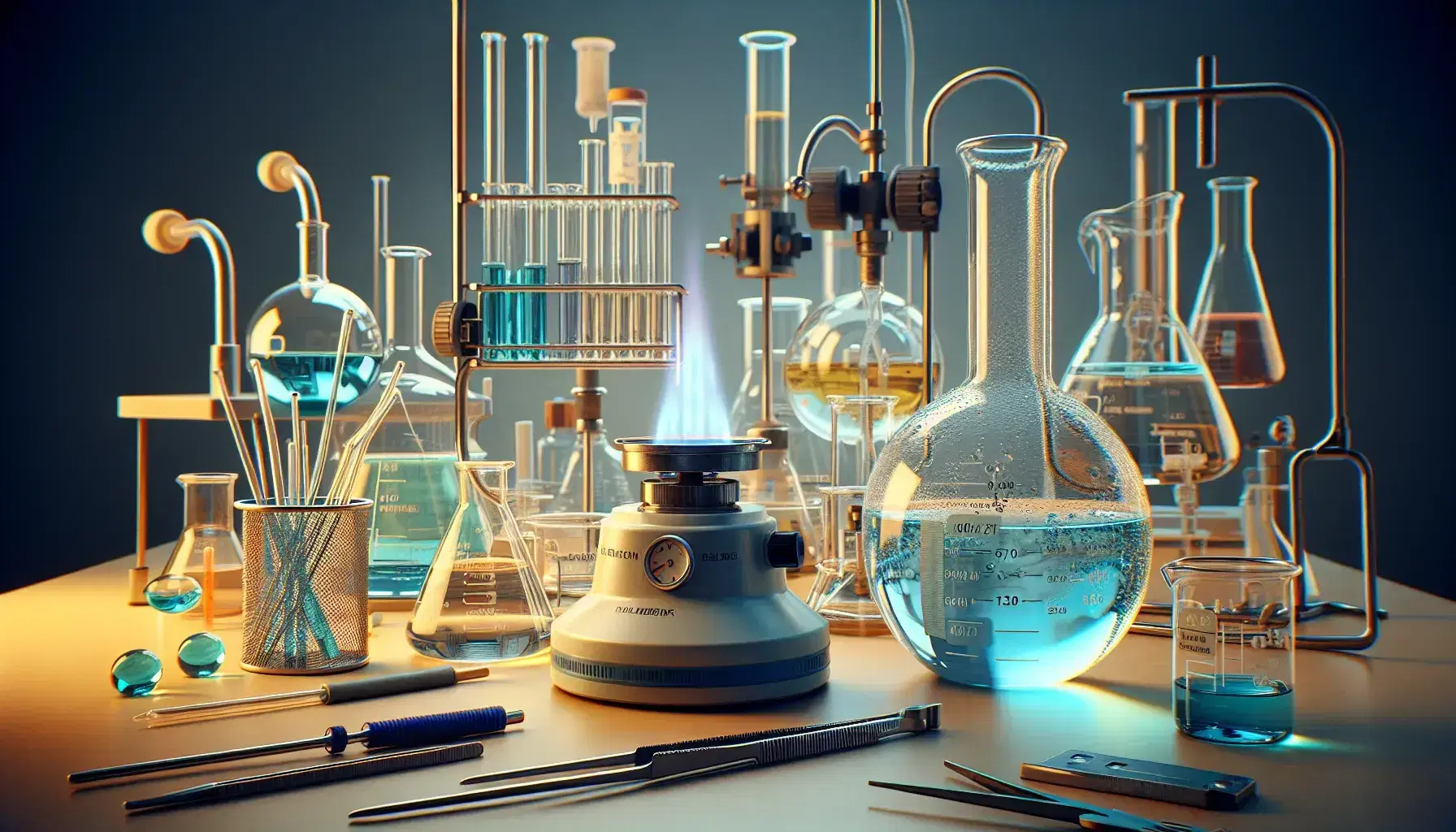 Laboratorio de química con matraces Erlenmeyer, uno con líquido azul y otro incoloro, quemador Bunsen encendido, probeta con líquido transparente y utensilios de seguridad.