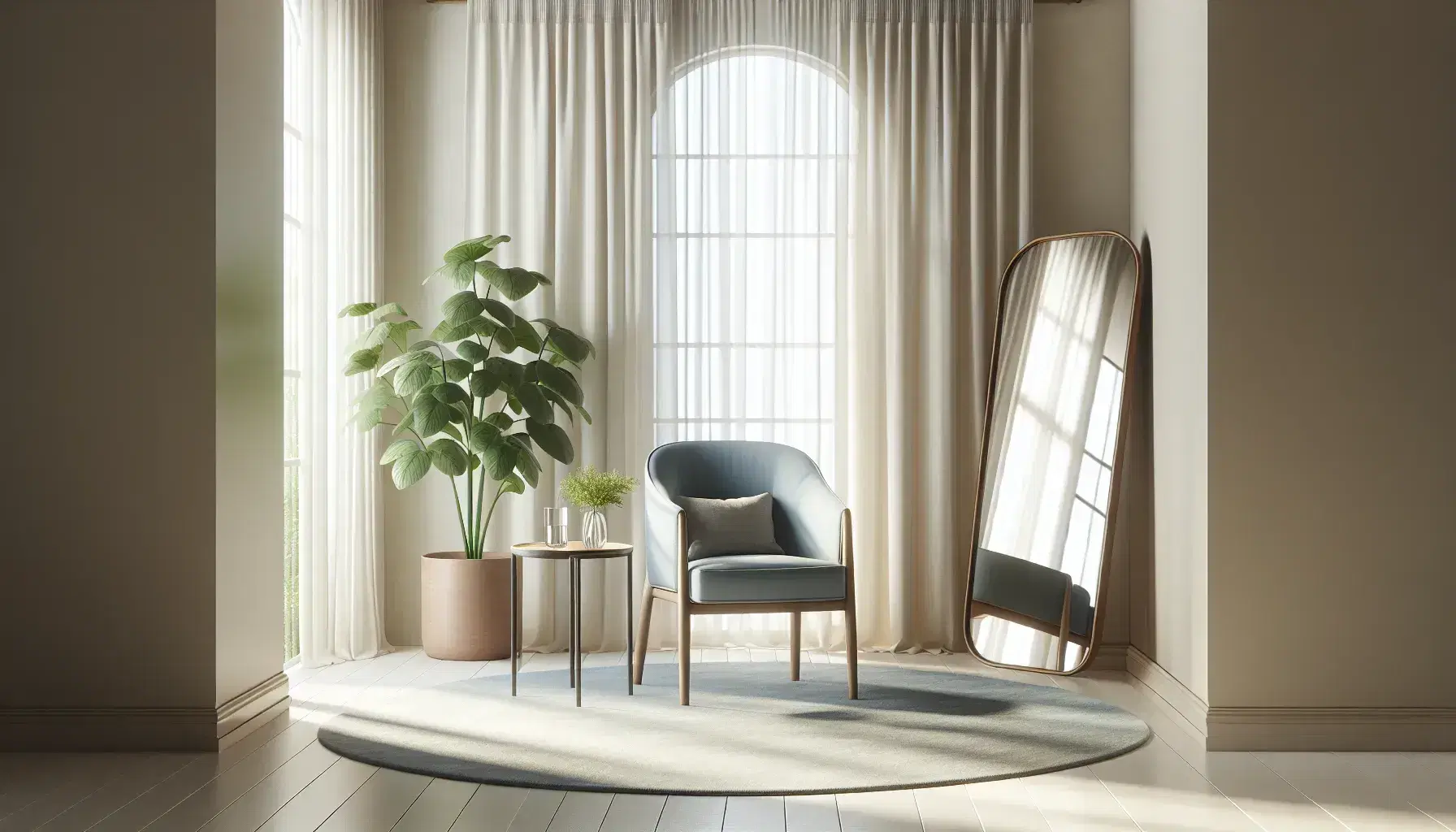 Silla azul confortable con cojín gris en habitación luminosa, espejo de cuerpo entero, planta interior y mesa con vaso de agua.