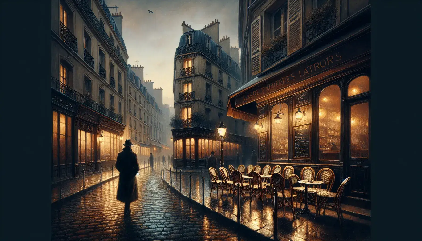 Twilight descends on a rain-slicked Parisian street with classic architecture, a cozy bistro, and a lone figure walking under a streetlamp's glow.