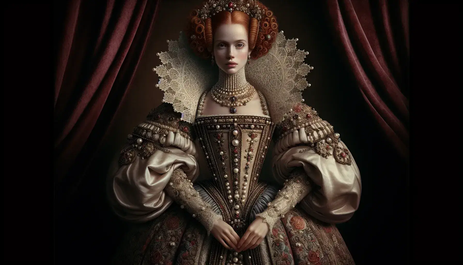 Ritratto di donna aristocratica rinascimentale con abito sontuoso, capelli rossi adornati di perle e sguardo espressivo.