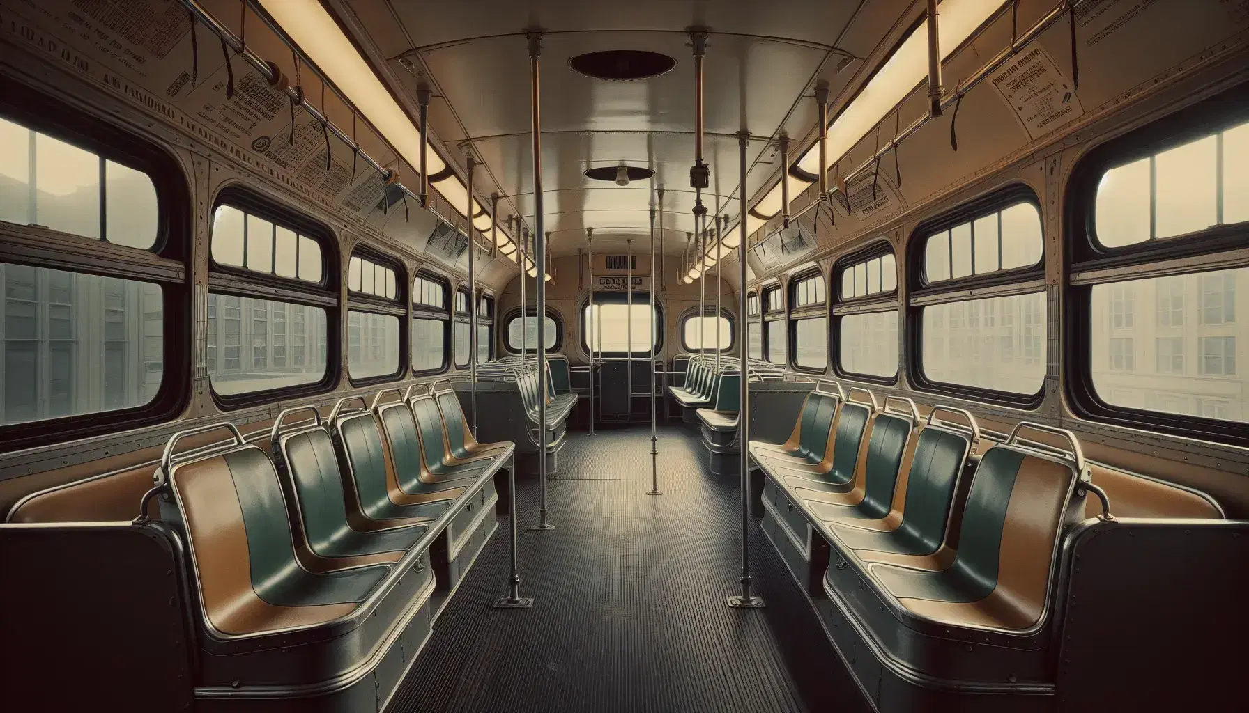 Vintage 1950s bus interior with rows of greenish-brown vinyl seats, black rubberized floor, large windows, and metal handrails, in daylight.