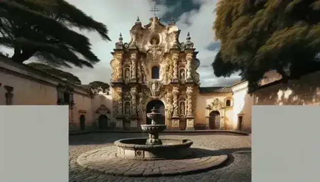 Iglesia barroca en América Latina con columnas salomónicas y motivos vegetales, fuente de piedra en plaza adoquinada y cielo azul claro.