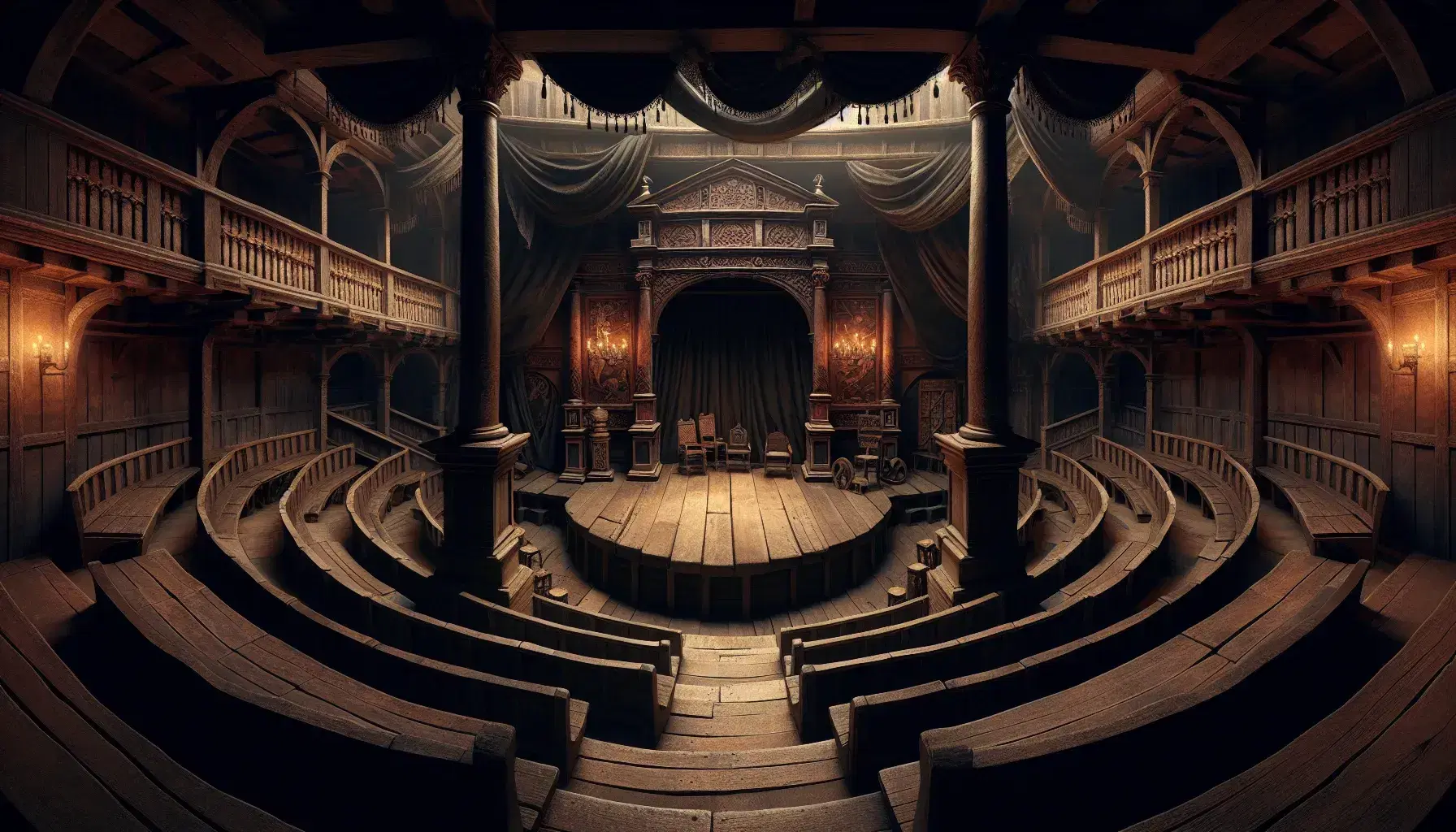 Softly lit Elizabethan theater with protruding stage, empty wooden pews, round columns, carved throne and swords.
