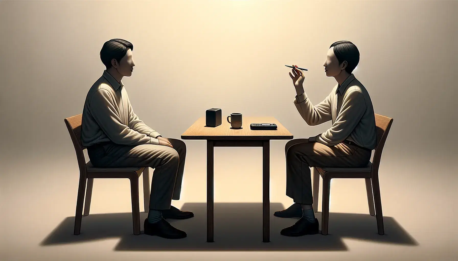 Dos personas en una reunión, una escuchando atentamente y la otra gesticulando, sentadas en una mesa con bloc de notas, grabadora y taza de café.