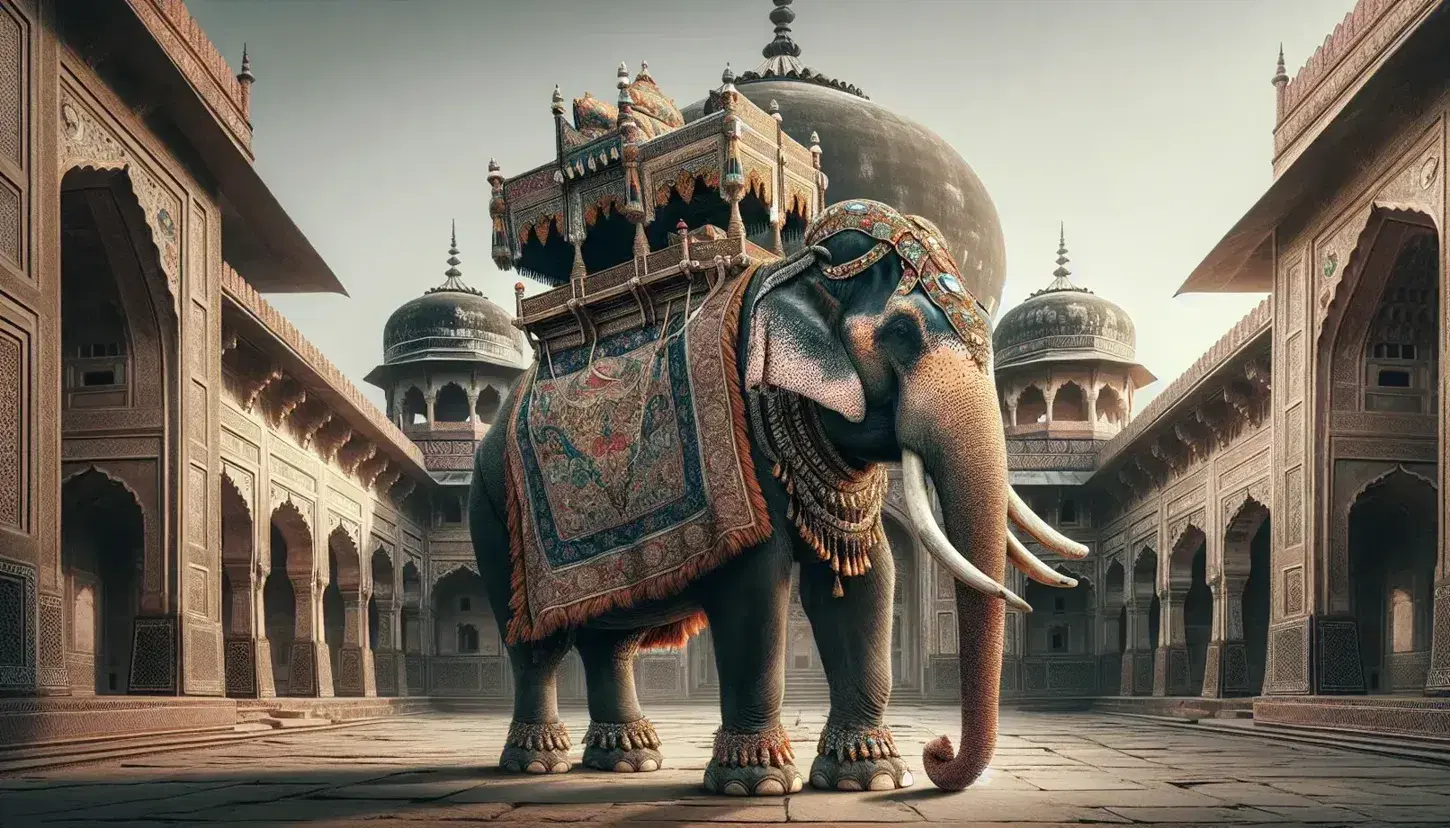 Majestic elephant with ornate howdah and caparison against Mughal architecture backdrop, highlighting intricate designs and lush courtyard setting.