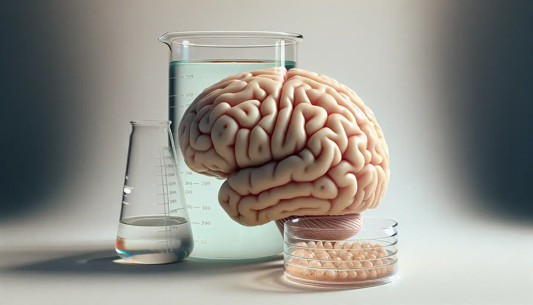 Detailed model of left cerebral hemisphere with sulci and gyri on light background, beaker with blue liquid and cultures in petri dish, blurred microscope on back.