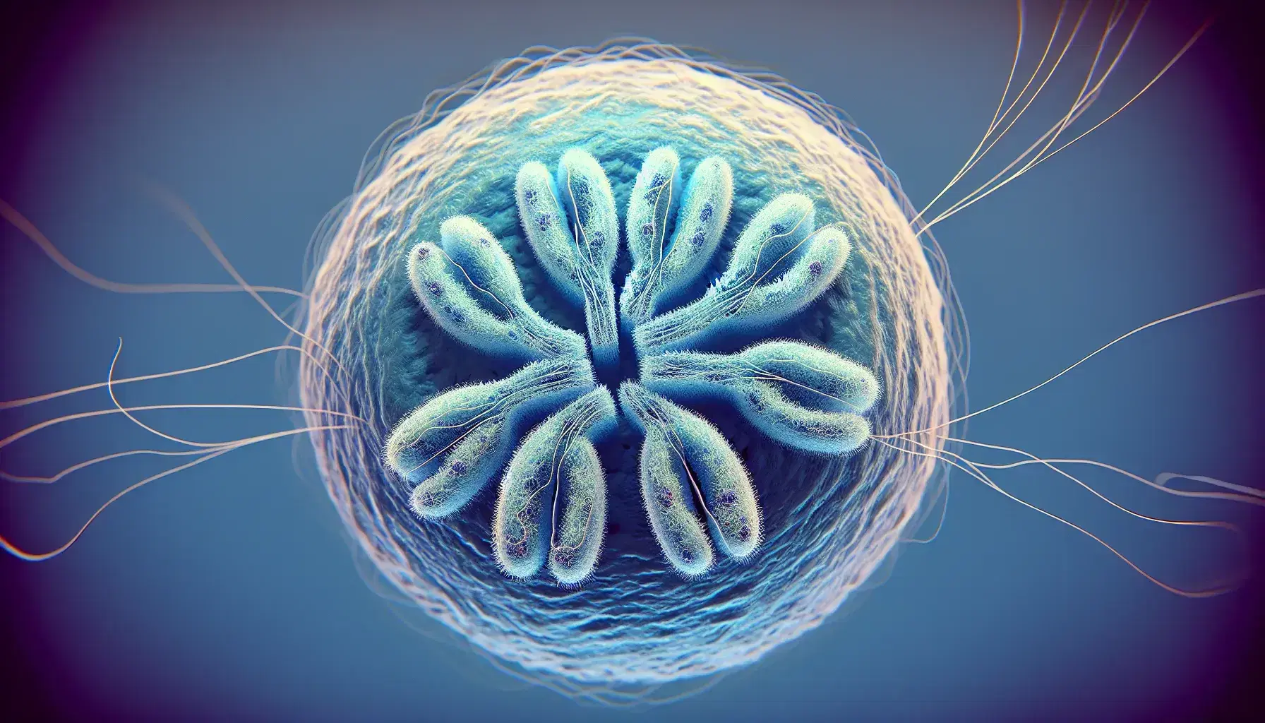 Cell undergoing mitosis with aligned chromosomes in metaphase, spindle fibers attached to centromeres and blue gradient background.