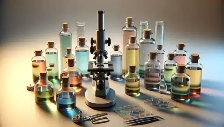 Frascos de vidrio con líquidos de colores y microscopio metálico en laboratorio, reflejando luz suave y sin distracciones visuales.