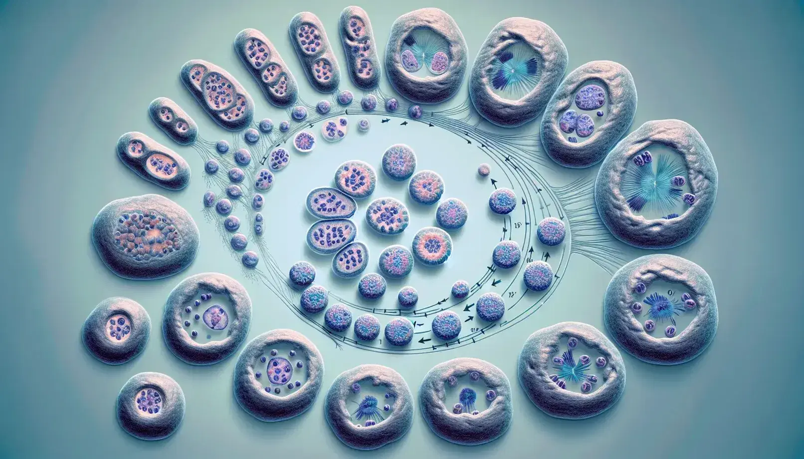 Cellule in varie fasi del ciclo cellulare osservate al microscopio ottico, con nuclei in interphase, cromosomi in mitosi e divisione citoplasmatica.