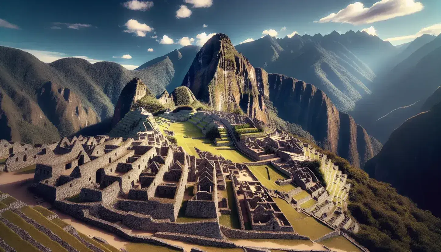 Ruinas de Machu Picchu con estructuras de piedra en terrazas, plaza central y montaña verde al fondo bajo cielo azul.