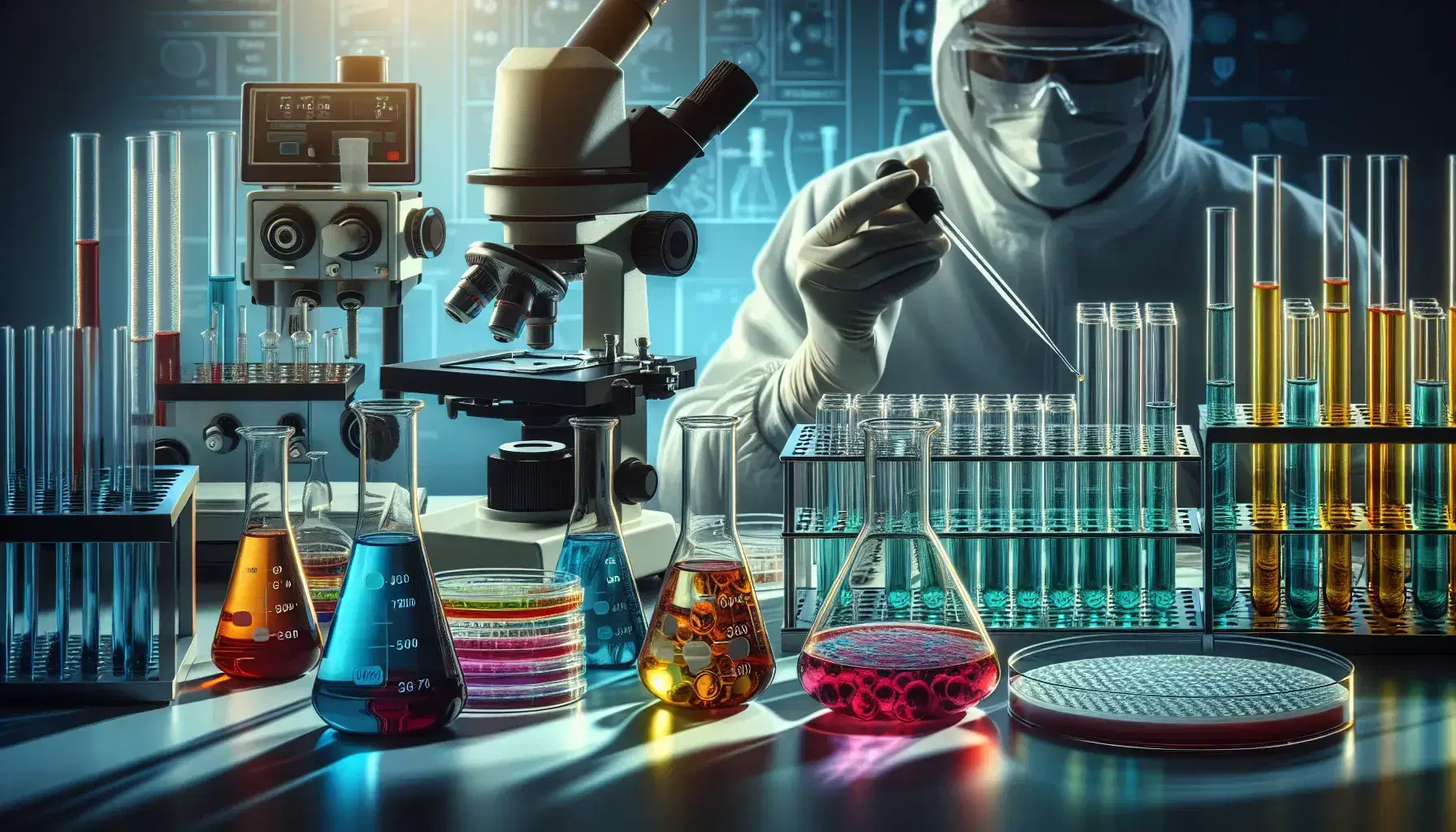 Laboratory scene with Erlenmeyer flasks, petri dish, microscope, centrifuge, and researcher pipetting into a microplate, highlighting biochemical research.
