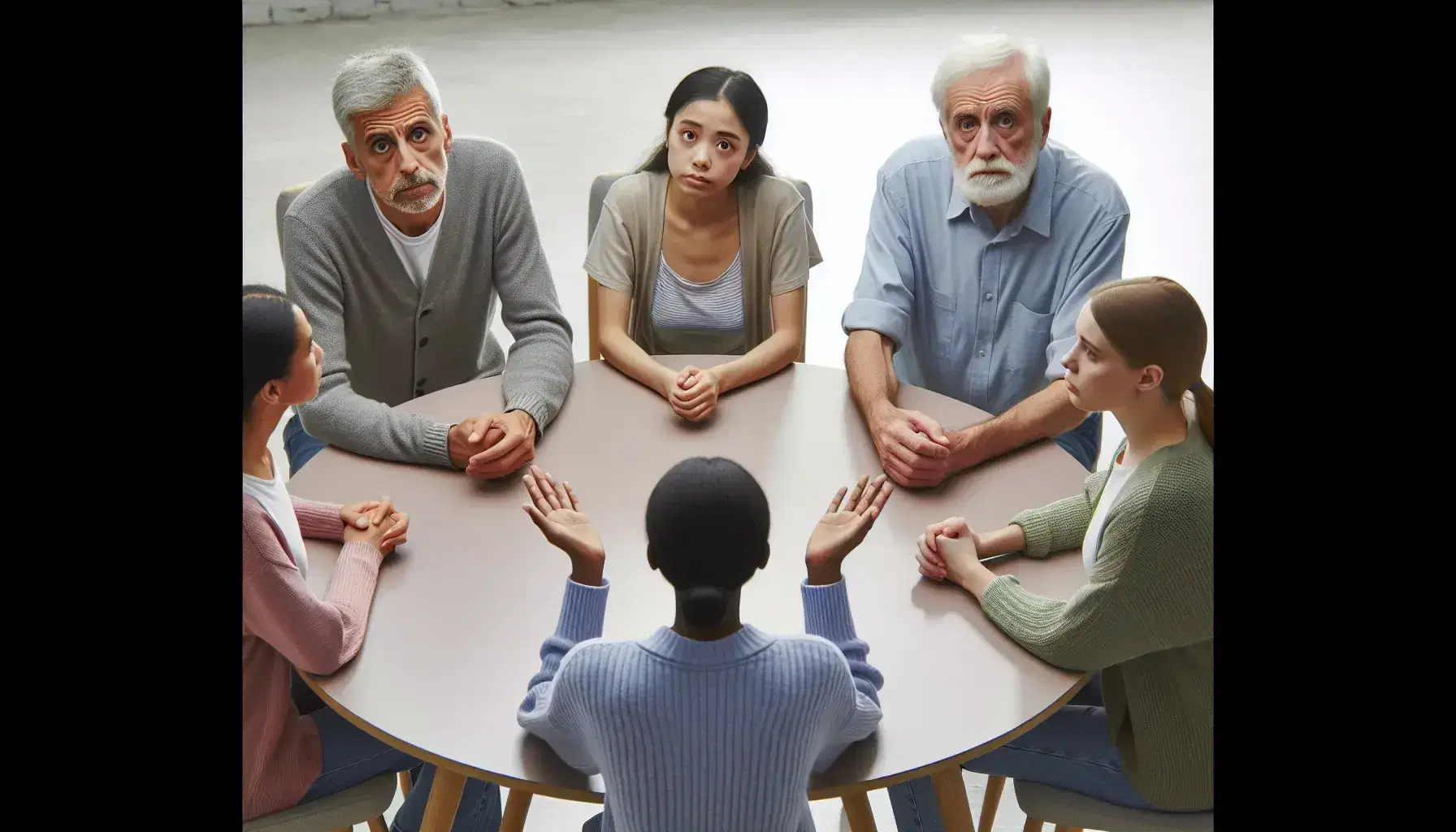 Quattro persone di età e generi diversi sedute attorno a un tavolo rotondo esprimono emozioni contrastanti durante una conversazione.