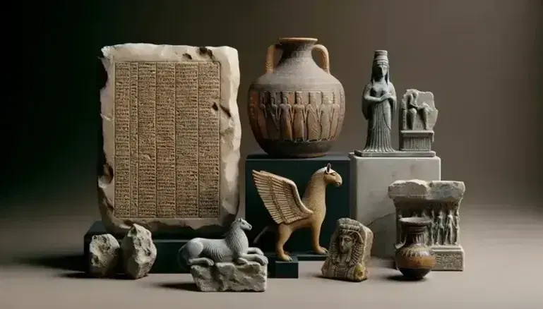 Ancient finds from the Near East and Greece on a neutral background: cuneiform tablet, colored lamassu and Greek black-figure vase with sculpture.
