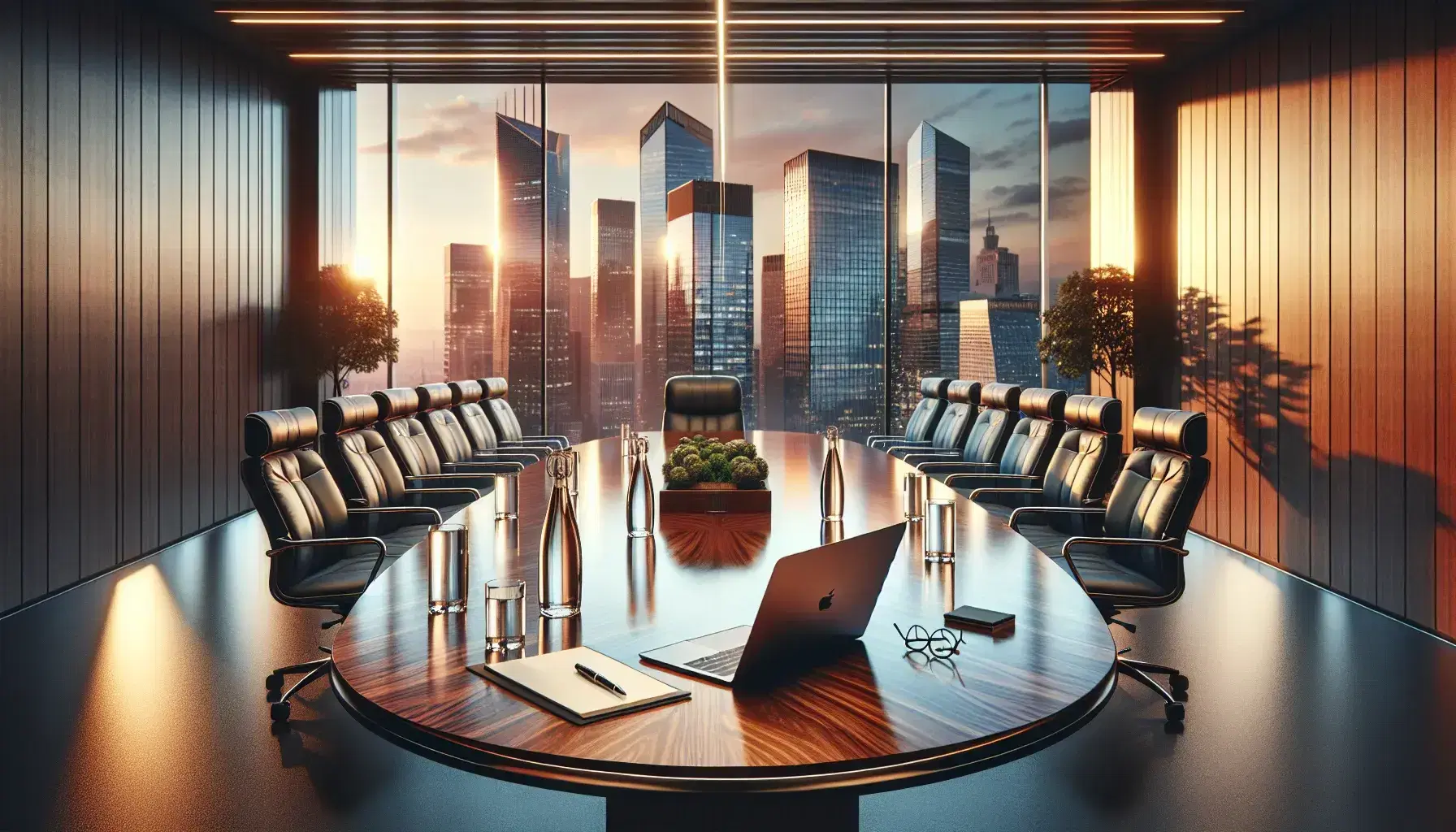 Modern boardroom with oval wooden table, leather chairs, laptop, water bottles, and panoramic city view at sunset or sunrise, reflecting a professional ambiance.