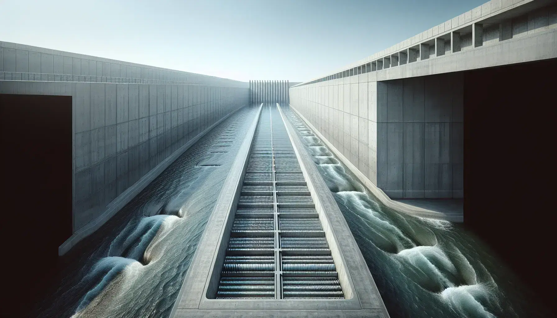 Canal de agua de hormigón con placas metálicas verticales actuando como filtros, rodeado de muros bajo un cielo azul despejado.