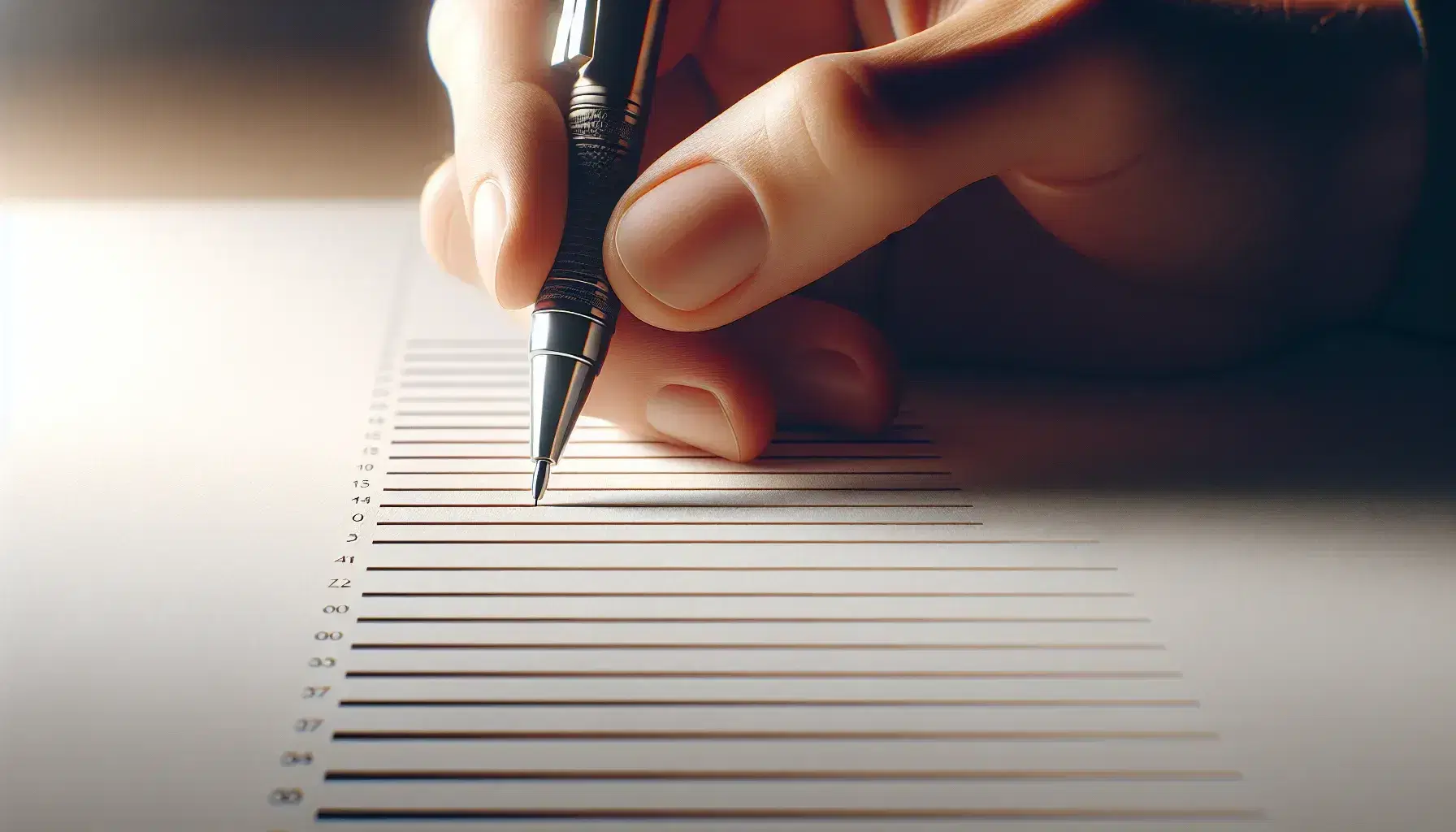 Close-up view of a hand holding a pen over a paper with seven unlabelled, incrementally longer horizontal lines, resembling a rating scale.