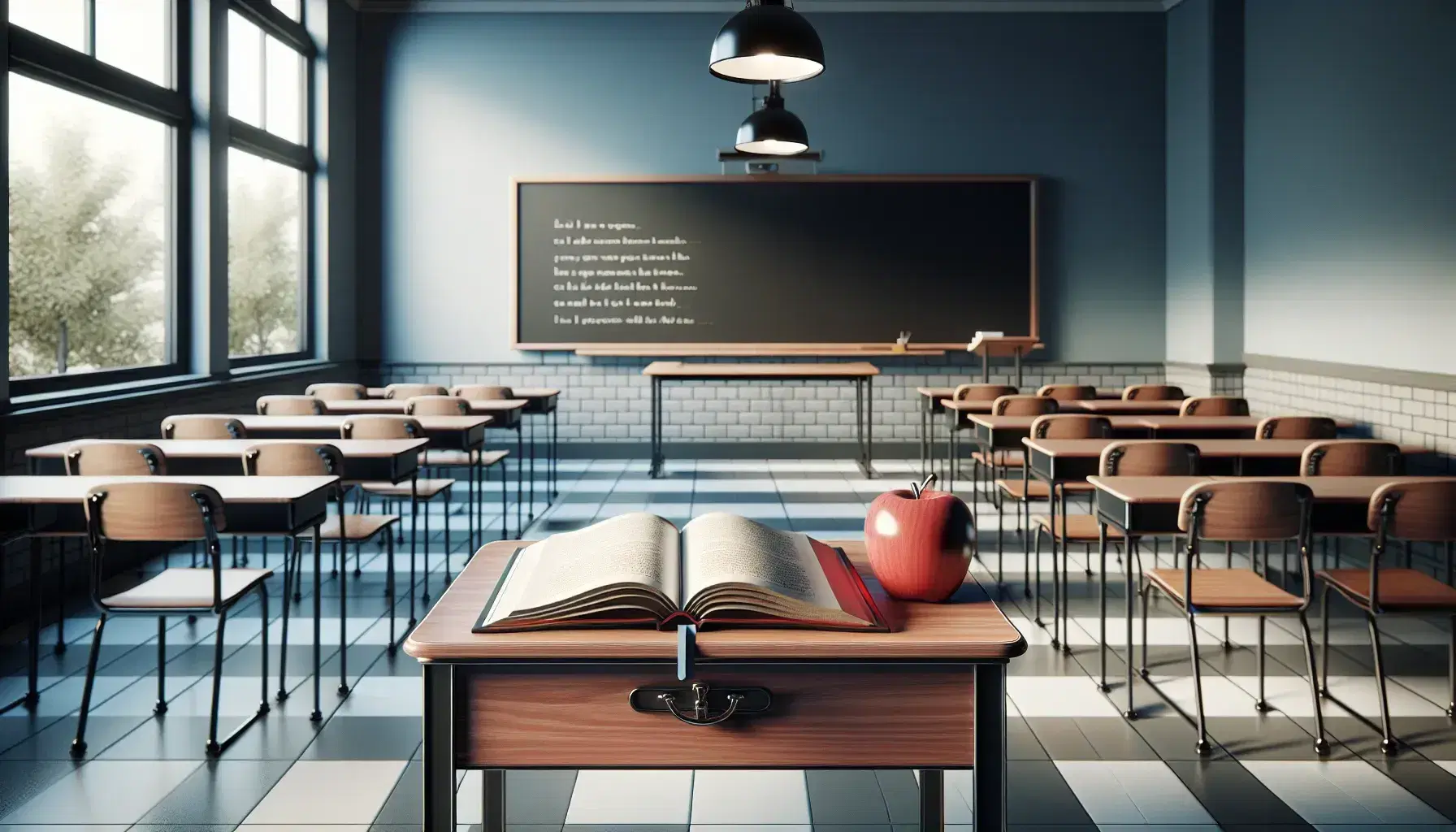 Traditional classroom with a wooden teacher's desk, an open book, a shiny red apple, and rows of empty student desks under soft lighting.