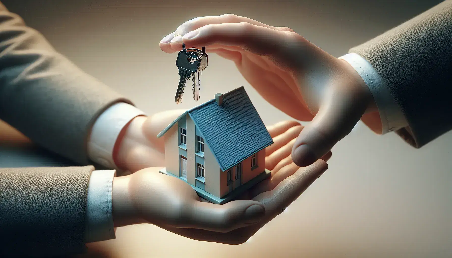 Manos intercambiando una maqueta de casa y un juego de llaves, simbolizando una transacción inmobiliaria, con fondo desenfocado.