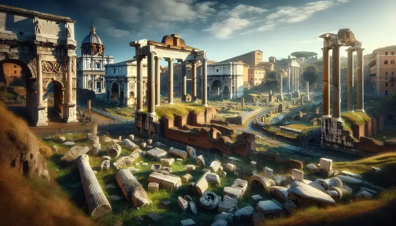 Vista panorámica de las ruinas del Foro Romano con el Arco de Septimio Severo y el Templo de Saturno, bajo un cielo azul con nubes dispersas.