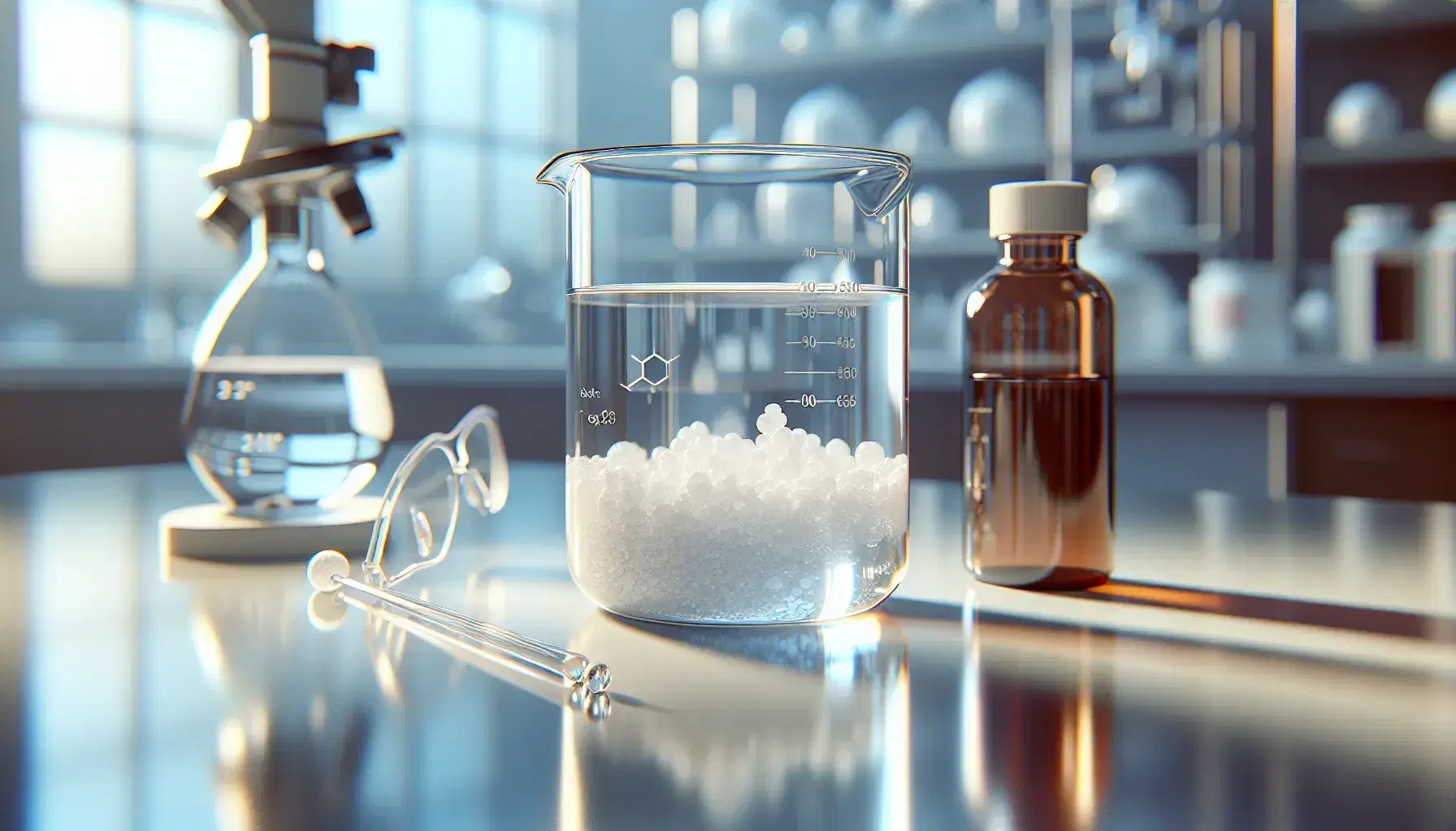 Transparent glass beaker with colorless liquid and crystalline flakes on the bottom, stirring rod and safety glasses on laboratory bench.