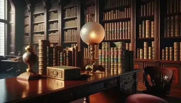 Biblioteca antica con scrivania in legno scuro, libri rilegati, lampada opalescente, sedia in velluto rosso, mappamondo antico e scatola con monete d'oro.