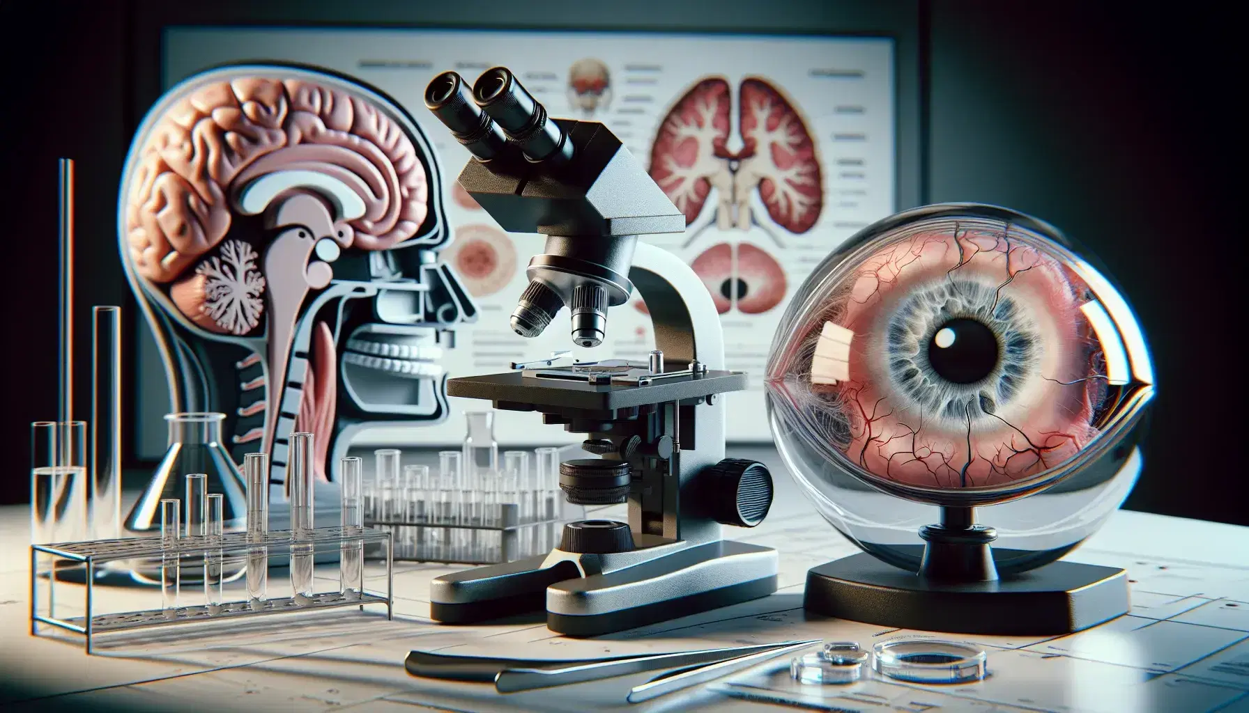 Microscopio óptico junto a portaobjetos y pinzas en laboratorio de biología, con modelo anatómico de cerebro humano y ojo seccionado al fondo.