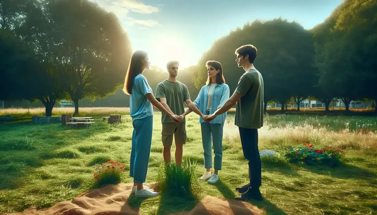 Grupo de tres personas tomadas de las manos en un parque, vestidas de forma casual, con árboles y flores coloridas en un día soleado.