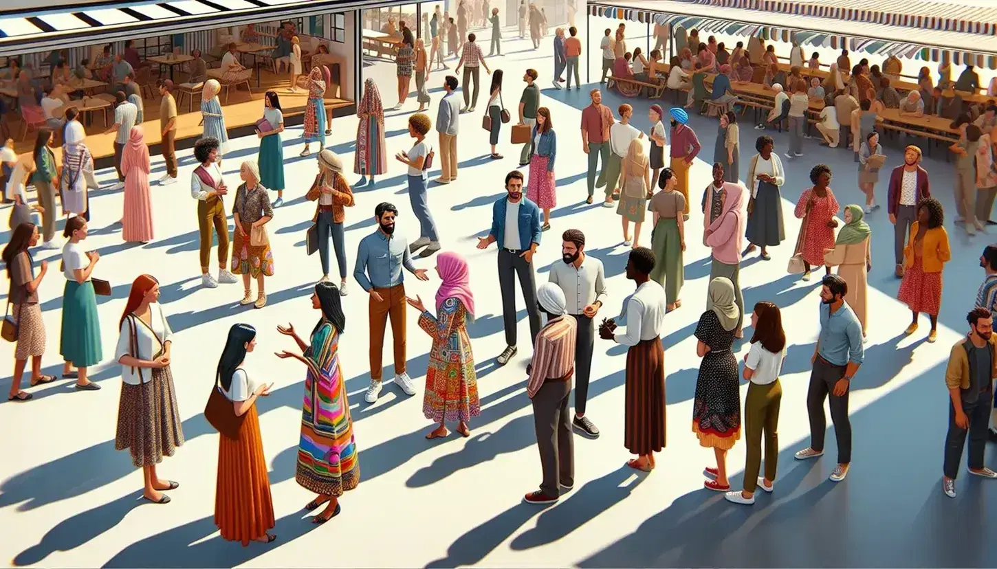 Grupo diverso de personas conversando en semicírculo frente a un establecimiento con mesas, destacando una mujer con vestido colorido y un hombre con camisa.