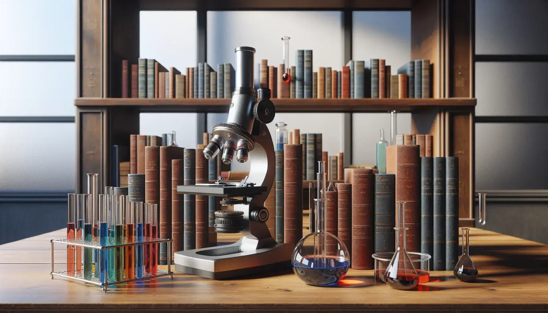 Estantería de madera oscura con libros de tapa dura y mesa con microscopio metálico y tubos de ensayo con líquidos de colores junto a ventana iluminada.