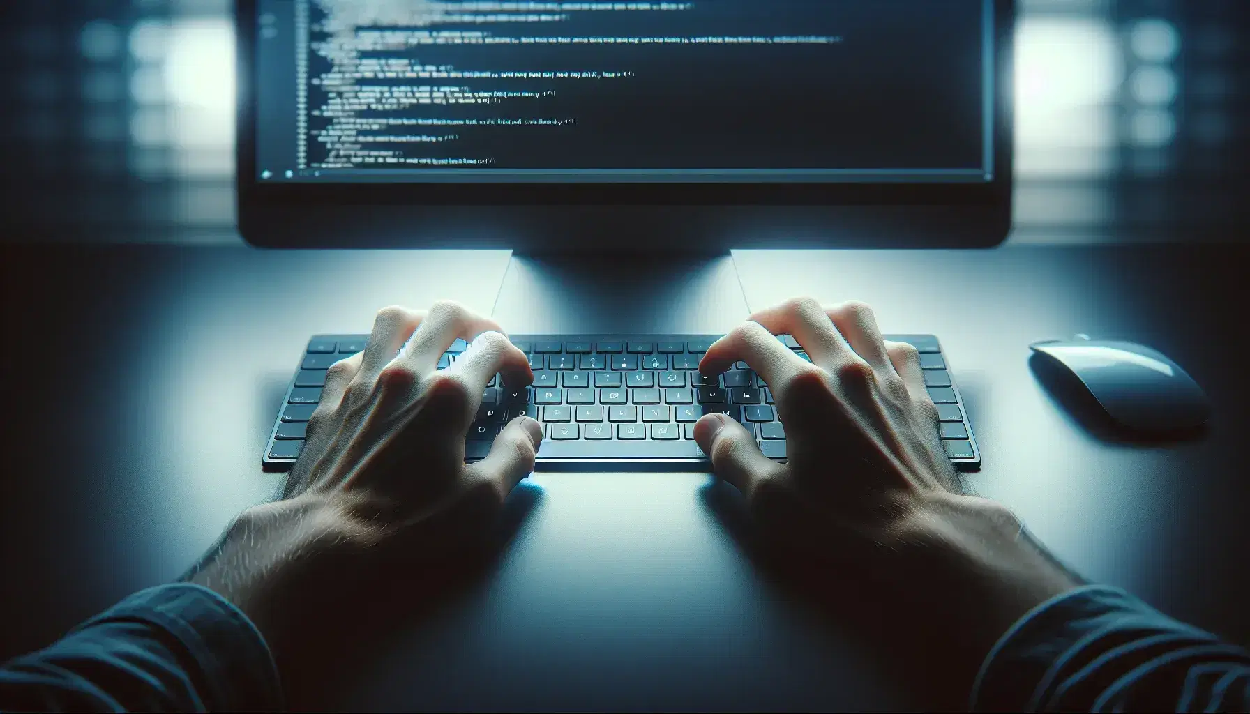 Manos tecleando en teclado moderno de ordenador con pantalla iluminada al fondo, reflejando trabajo en programación o informática.