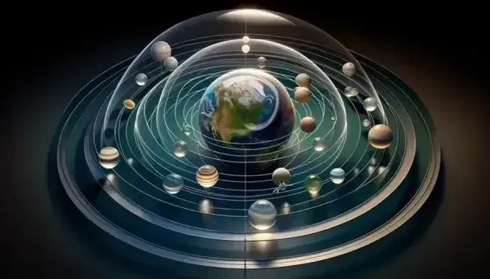 Modelo tridimensional del sistema geocéntrico con la Tierra en el centro y esferas translúcidas que representan las órbitas de la Luna, el Sol y planetas conocidos, sobre fondo negro.
