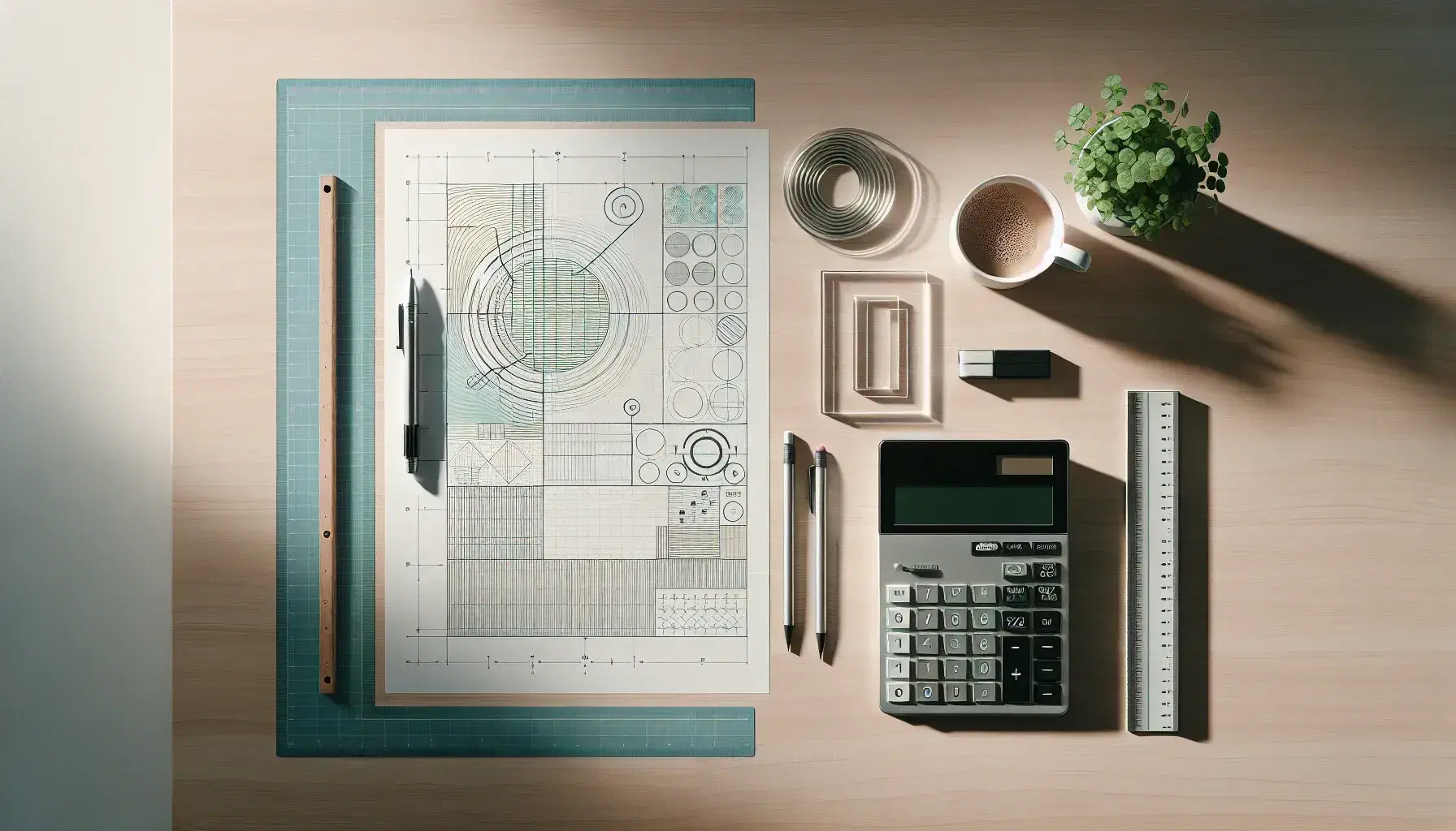 Escritorio de madera clara con papel en blanco y diagrama geométrico, lápiz mecánico, regla, calculadora apagada, taza de café y planta verde.