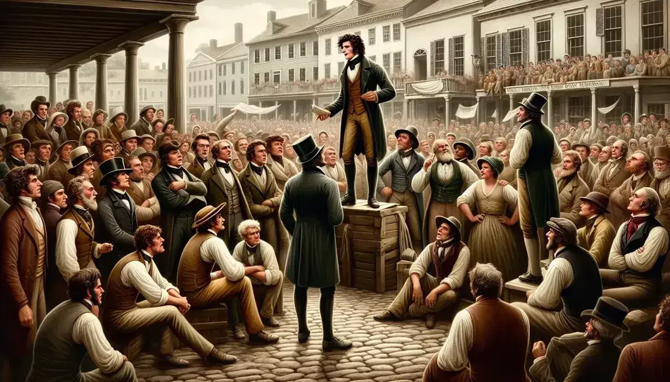 1830s Jacksonian era town square with animated men in period attire debating politics, highlighting democratic participation.