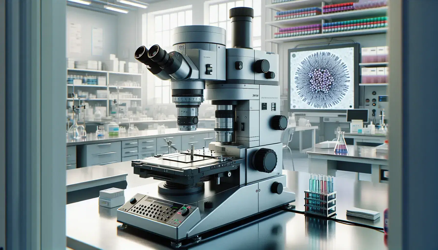 Microscopio elettronico a trasmissione all'avanguardia in laboratorio di ricerca biologica, con campione biologico su vetrino e sfondo di mensole attrezzate.