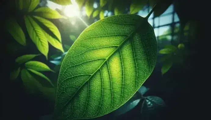 Vibrant green leaf in close-up with intricate veins and stomata visible, lit by the sun against blurred foliage background.