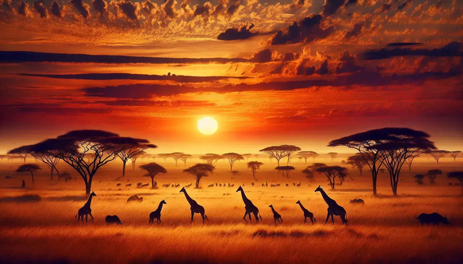 Tramonto sulla savana con giraffe e zebre tra acacie, leone maschio in primo piano e cielo colorato.