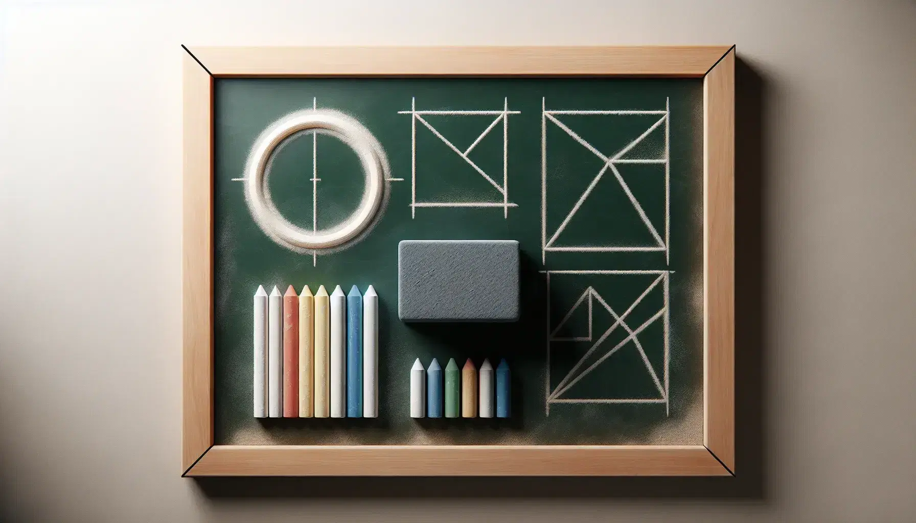 Pizarra verde oscuro con marco de madera y figuras geométricas dibujadas en tiza blanca, junto a tizas de colores y borrador con rastros de uso.