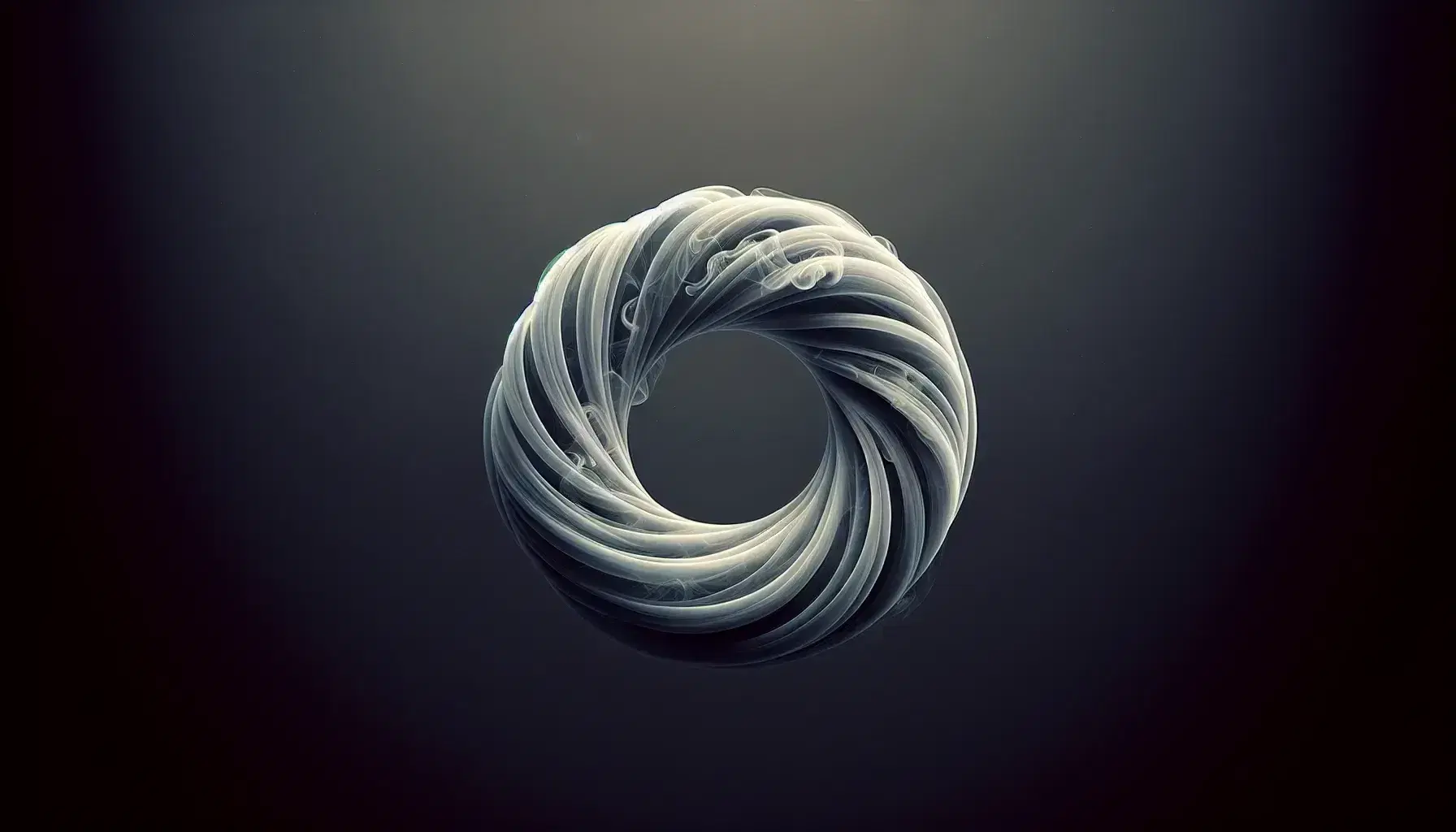 Smoke ring captured in mid-air with a gradient gray background, showcasing the toroidal shape and fluid dynamics of the swirling smoke.