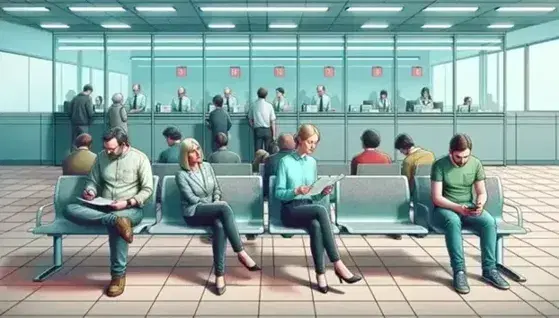 Grupo diverso de personas en sala de espera pública con una mujer leyendo un folleto y un joven usando su móvil, ventanillas de atención al fondo.