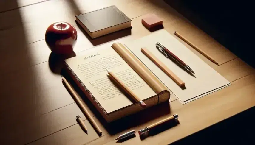 Escritorio escolar de madera con libro abierto, hoja en blanco, pluma estilográfica y lápiz, acompañados de una manzana roja.