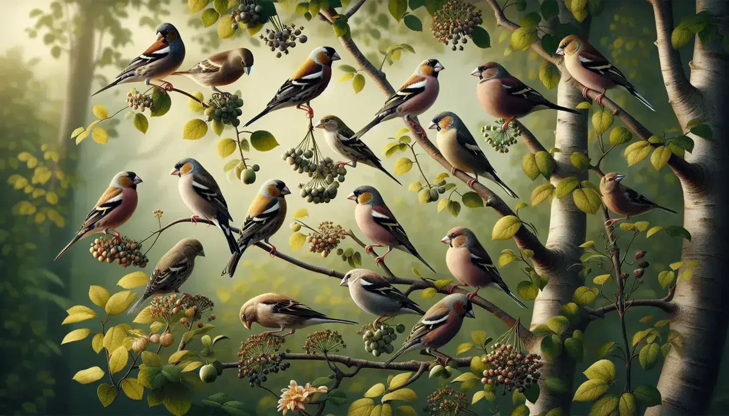 Pinzones de diversas especies posados en ramas de un árbol frondoso, con picos variados y plumaje en tonos de marrón, gris y amarillo, en un entorno natural iluminado por el sol.