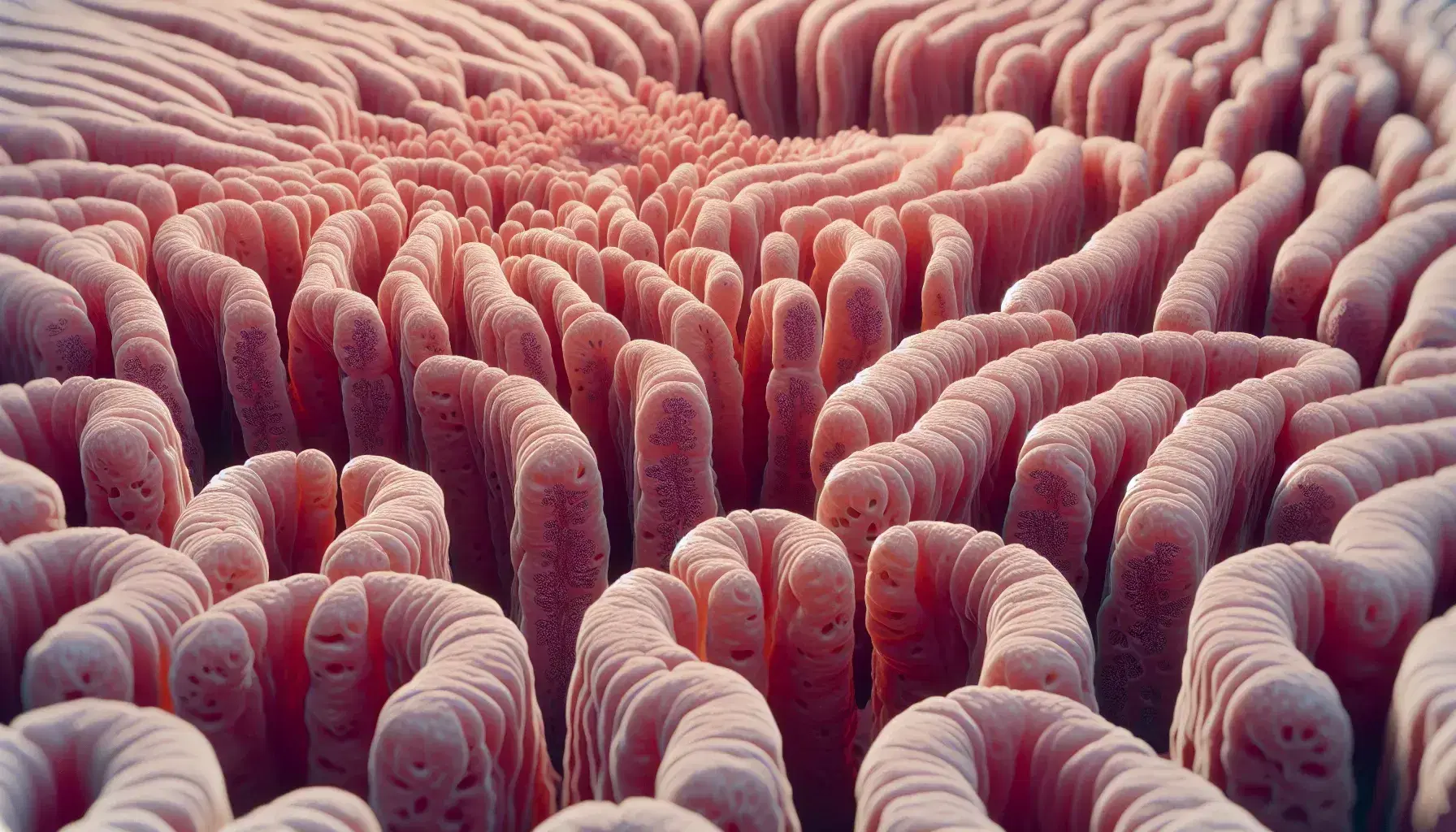Vista microscópica de tejido del intestino delgado con villi intestinales rosados y criptas oscuras, mostrando la complejidad de la mucosa intestinal.
