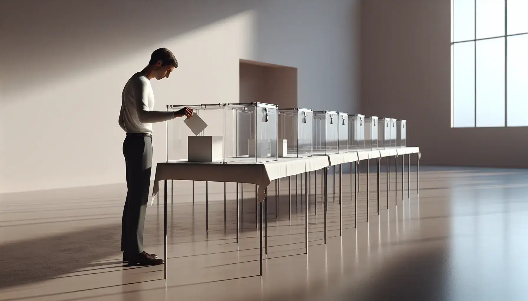 Cajas de votación transparentes en fila sobre mesa con mantel blanco, persona insertando papeleta y observador al lado, ambiente sereno con luz natural.