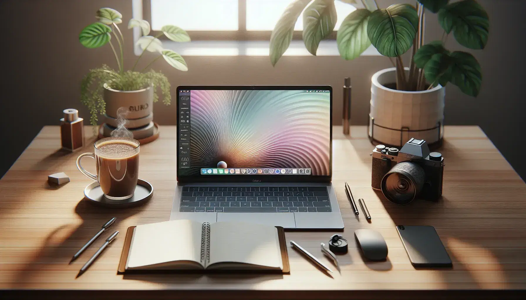 Escritorio de madera clara con laptop abierto, cuaderno en blanco con bolígrafo, taza de café humeante y planta verde en maceta blanca, junto a cámara digital.