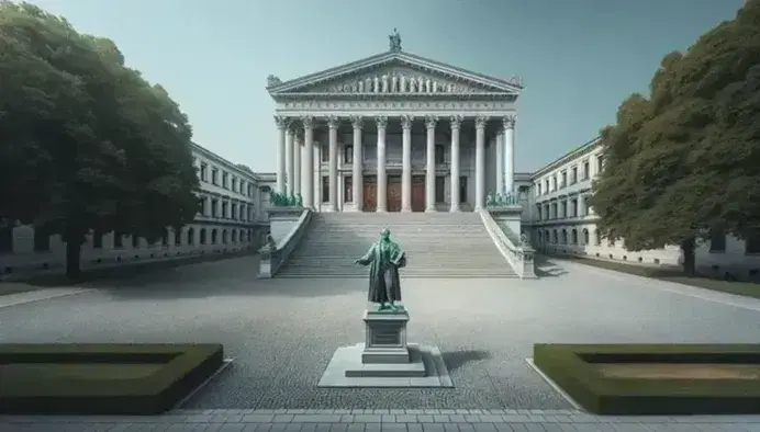 Edificio neoclásico con escalinata frontal y columnas corintias, estatua de bronce de hombre con libro y brazo extendido en plaza adoquinada.