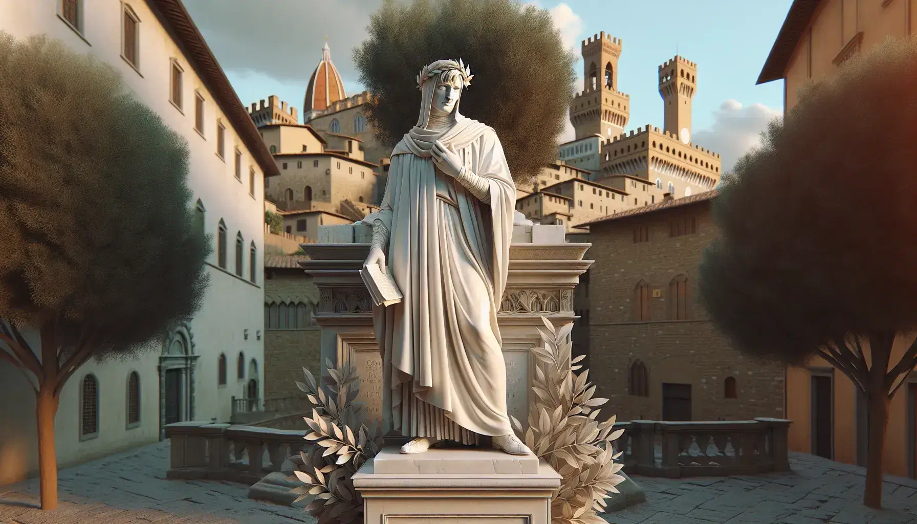 Statua in marmo bianco di Dante Alighieri pensieroso con libro aperto, corona d'alloro e sfondo di Firenze medievale.
