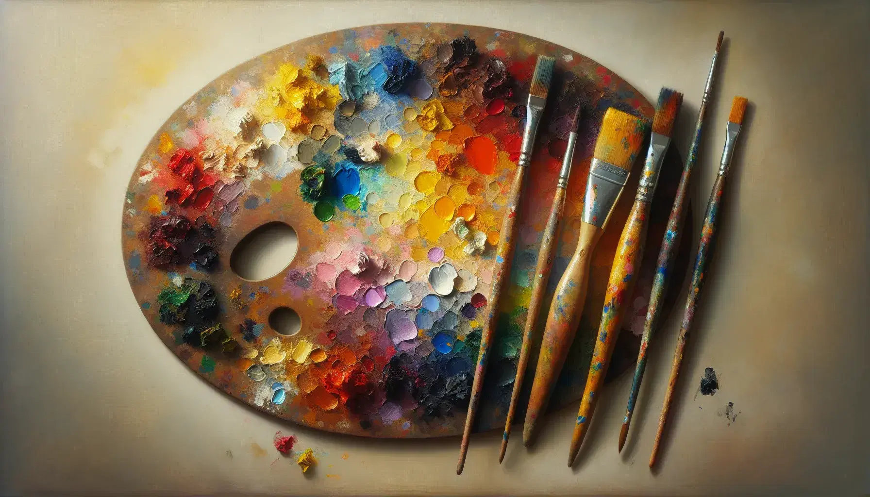 Tavolozza del pittore ovale con bordi irregolari e pennelli vari, ricca di macchie di colore vivace su sfondo neutro che evoca creatività artistica.