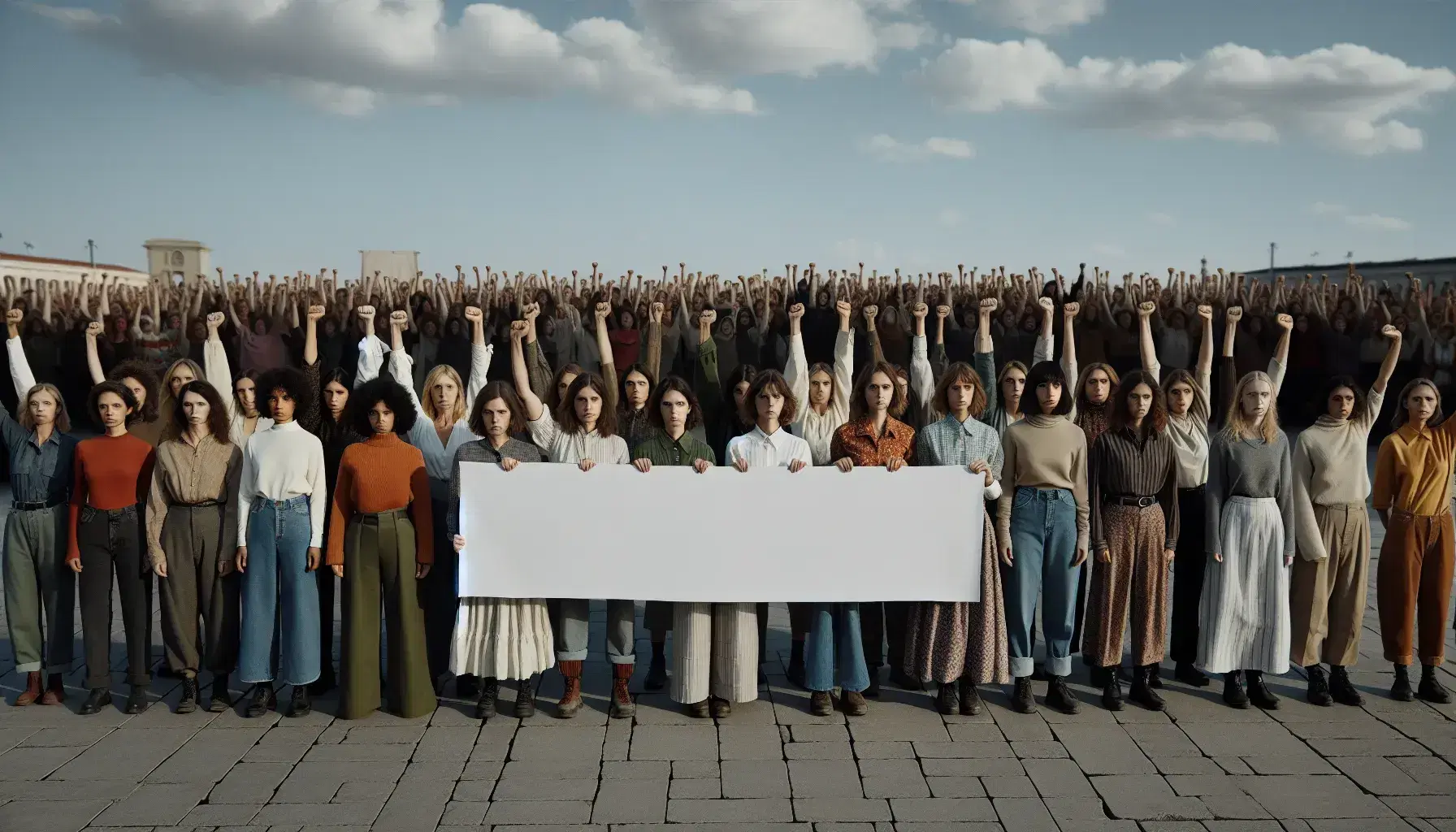 Grupo de mujeres diversas unidas en fila con cielo azul de fondo, sosteniendo pancarta blanca y levantando manos en gesto de solidaridad y determinación.