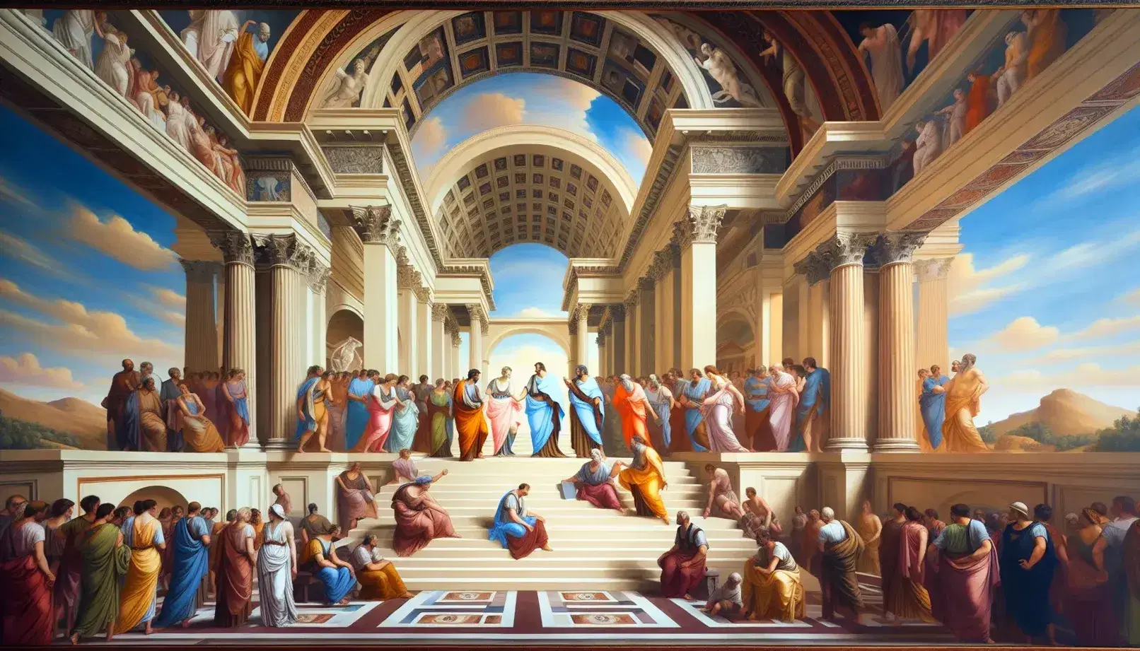 Affresco "La Scuola di Atene" di Raffaello con filosofi dialoganti in una sala classica, illuminata da luce naturale.